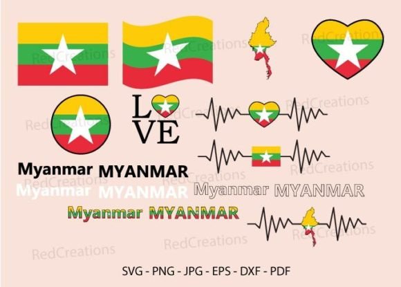 Myanmar Flag Bundle Svg, Waving, Love